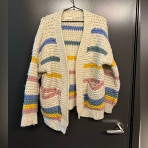 Anthropologie Little Lies Cream and Blue Chunky Knit Cardigan